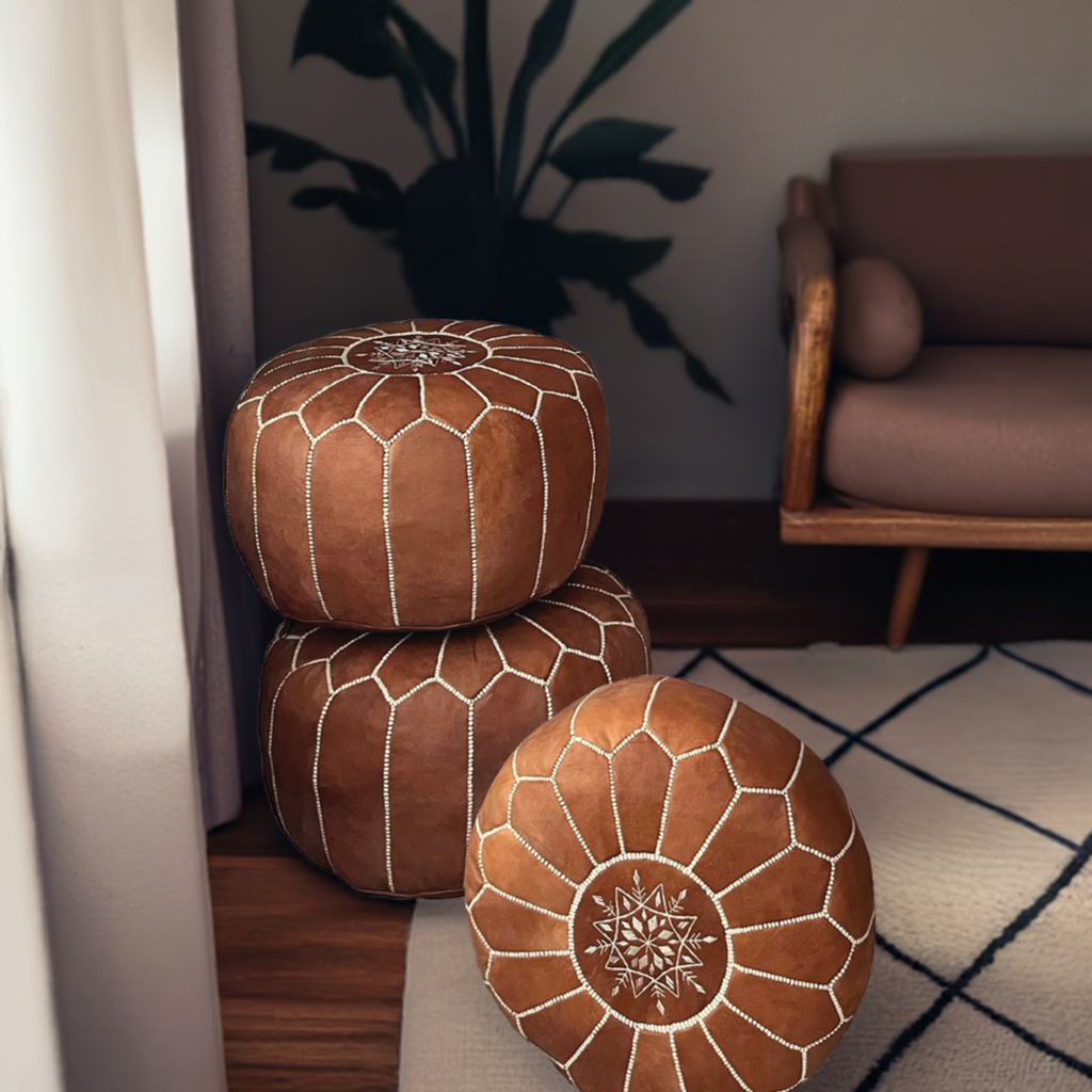 Genuine Moroccan Leather Pouf - Cognac