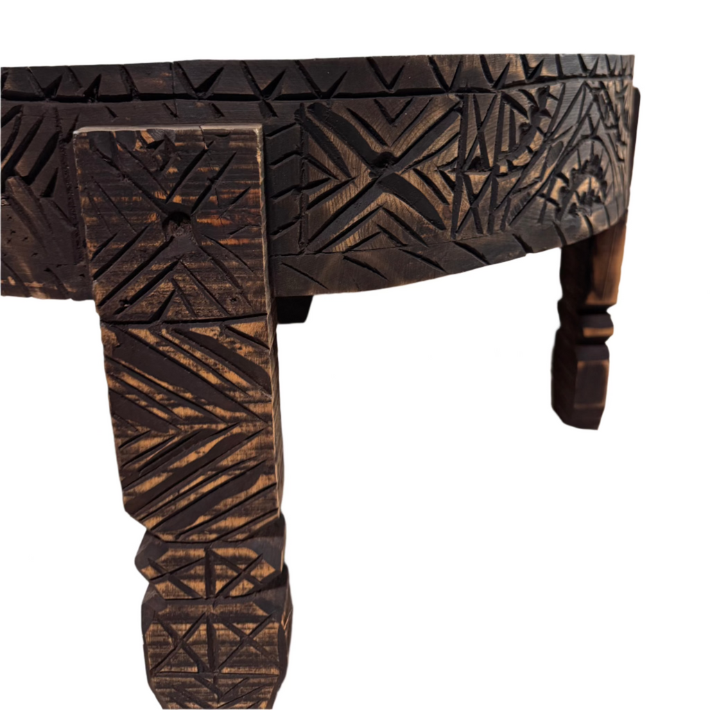 Hand-Carved Moroccan Chakki Table - Cedar Wood Accent Coffee Table (No. 3)