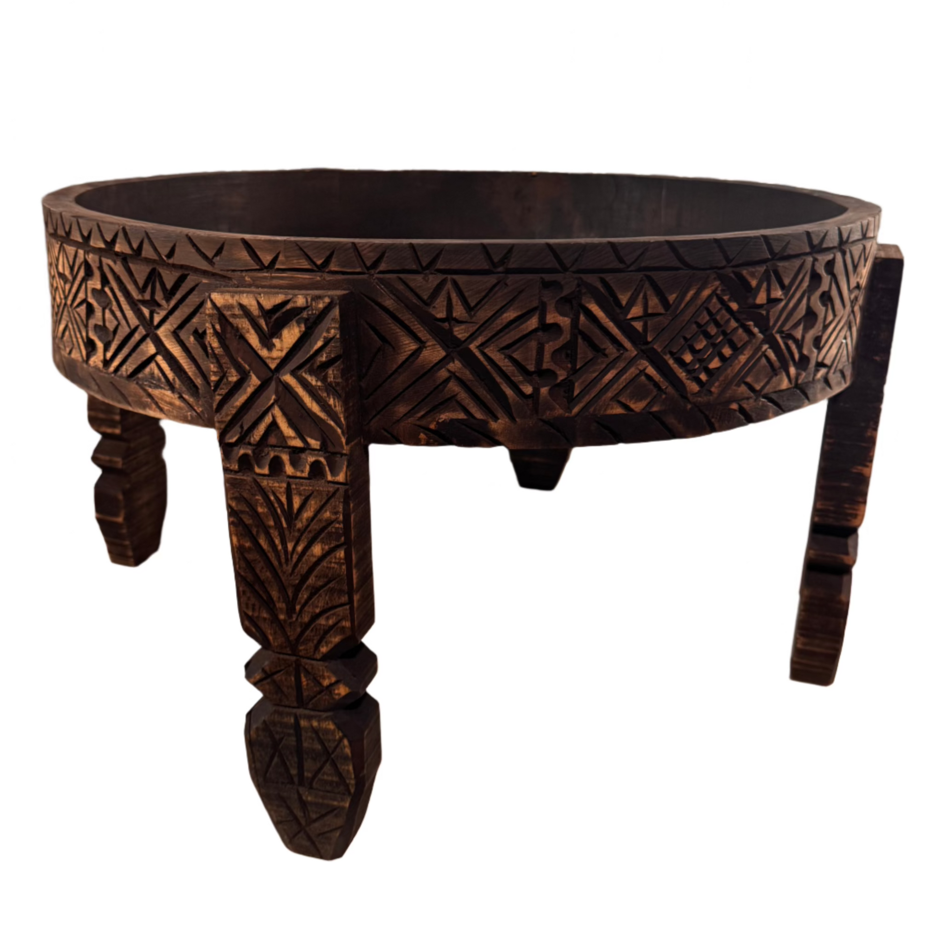 Hand-Carved Moroccan Chakki Table - Cedar Wood Accent Coffee Table