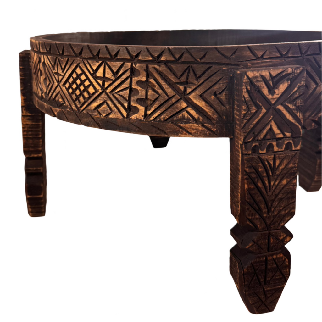 Hand-Carved Moroccan Chakki Table - Cedar Wood Accent Coffee Table (No. 5)