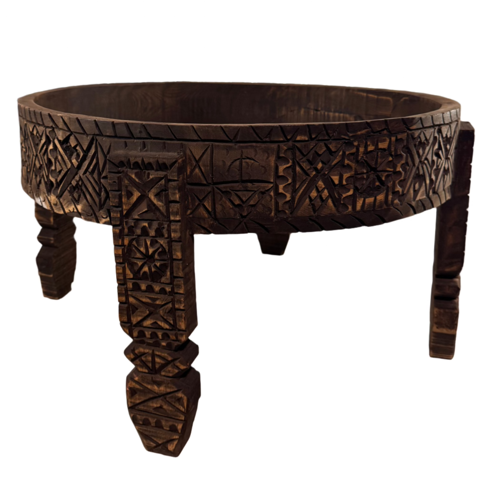 Hand-Carved Moroccan Chakki Table - Cedar Wood Accent Coffee Table (No. 6)