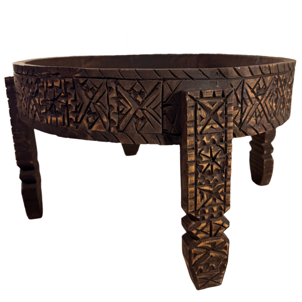 Hand-Carved Moroccan Chakki Table - Cedar Wood Accent Coffee Table (No. 6)