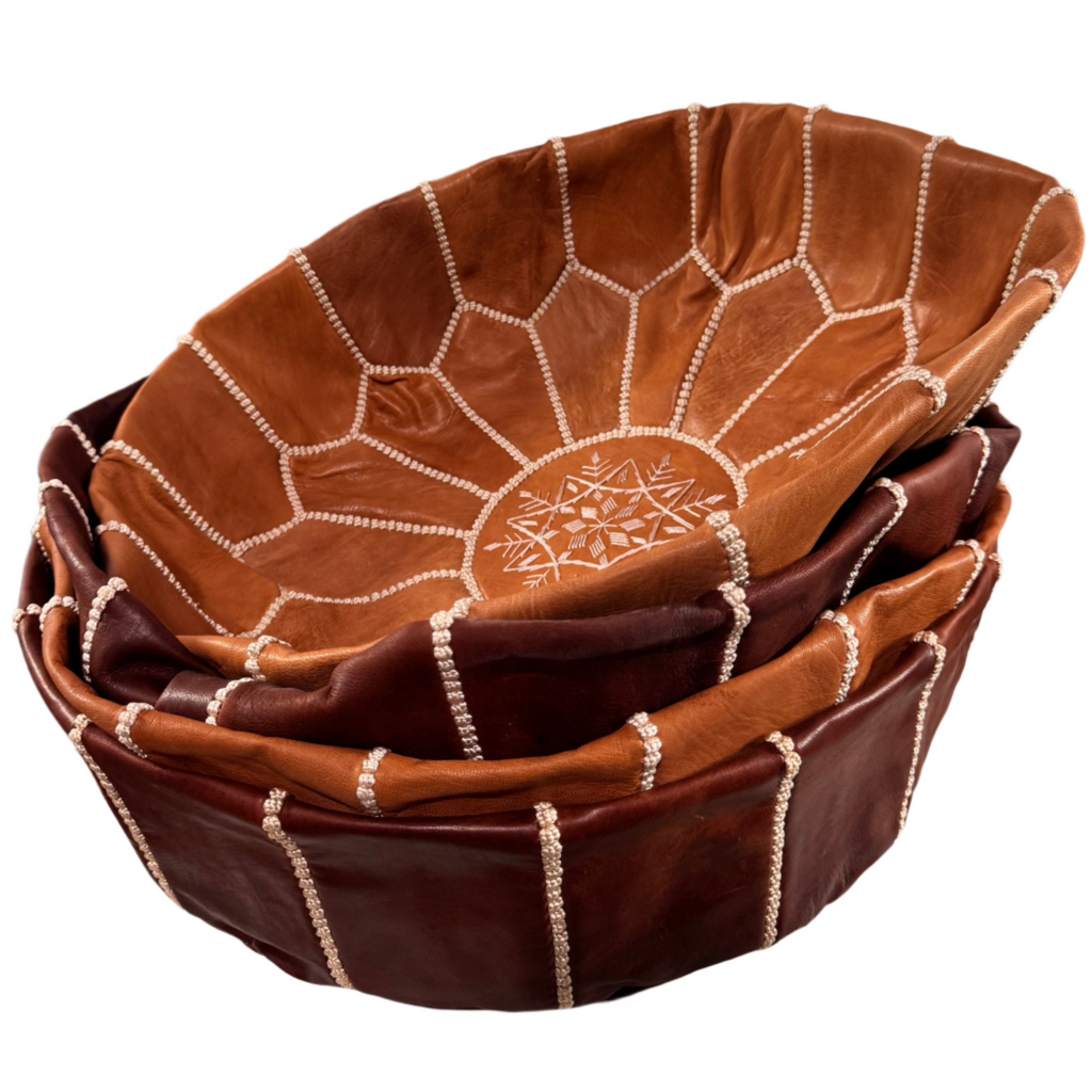 20″ Hand-Stitched Moroccan Leather Pouf – Chestnut Ottoman / Accent Seat
