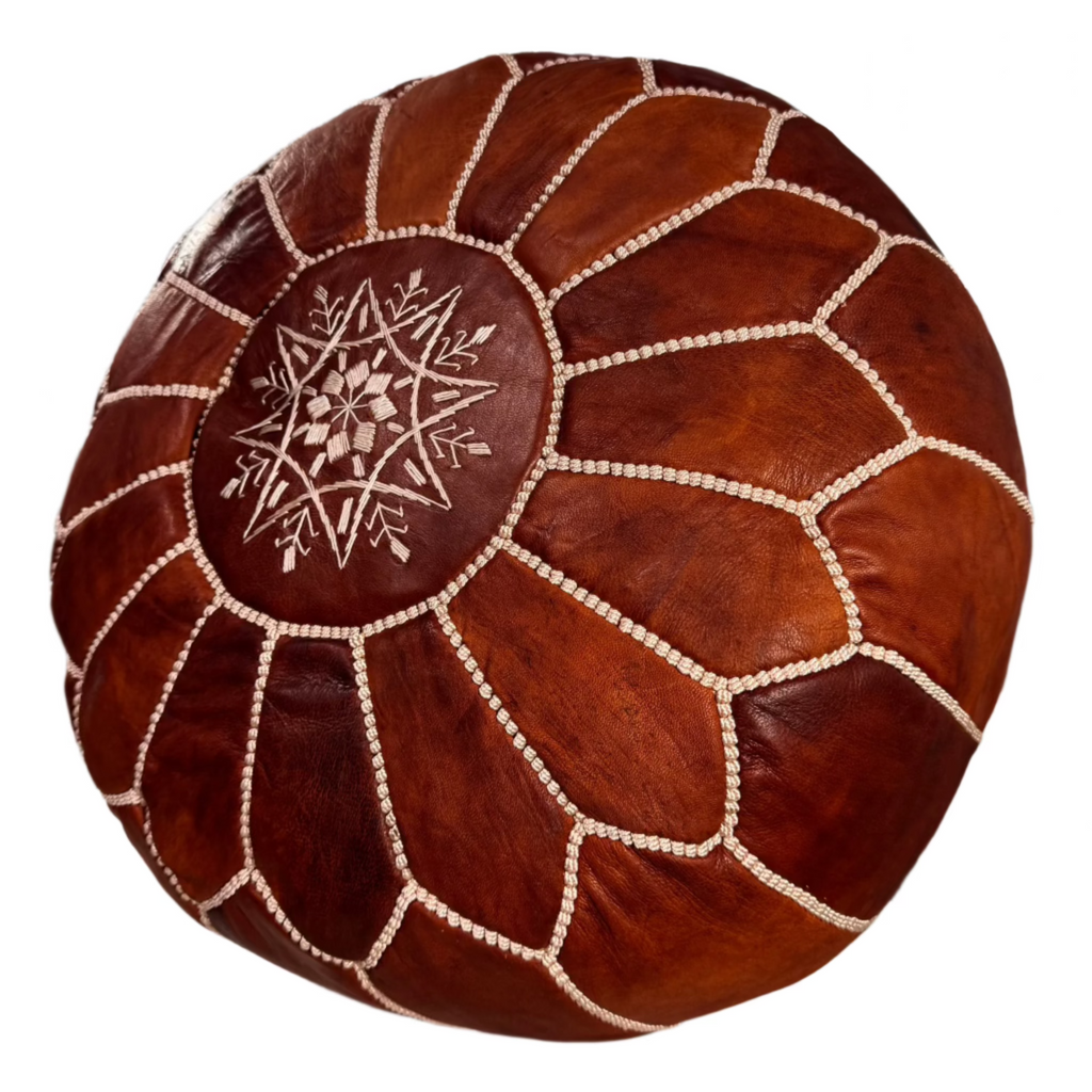 20″ Hand-Stitched Moroccan Leather Pouf – Chestnut Ottoman / Accent Seat