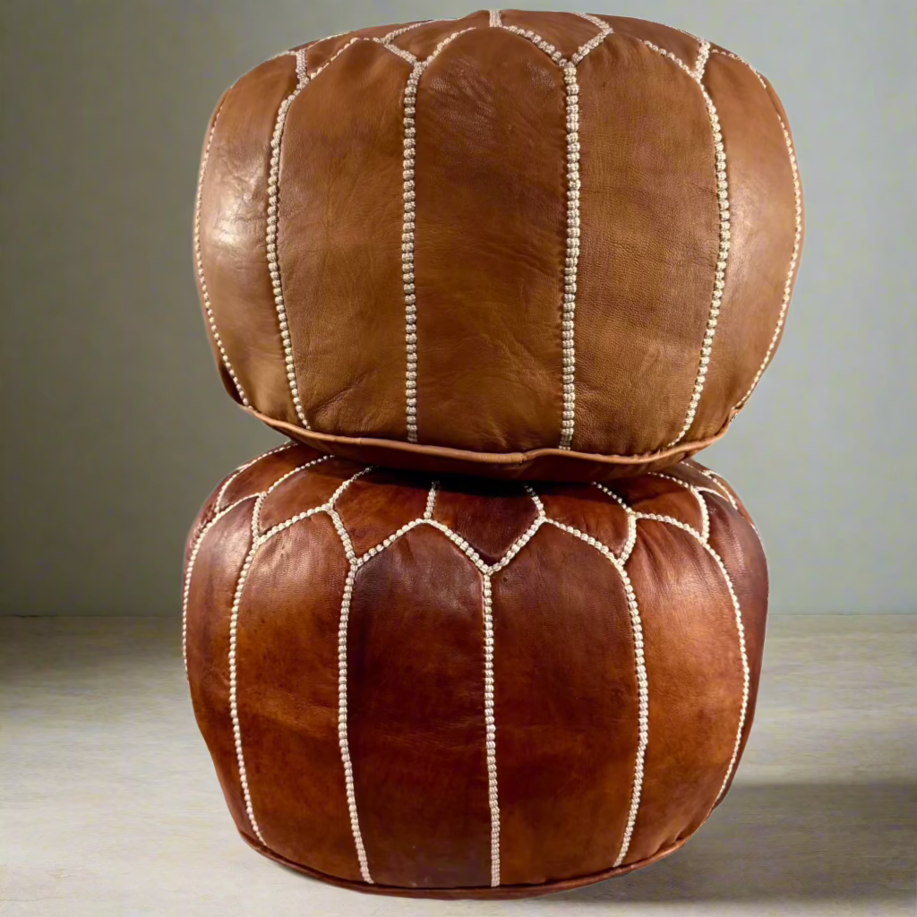 20″ Hand-Stitched Moroccan Leather Pouf – Chestnut Ottoman / Accent Seat