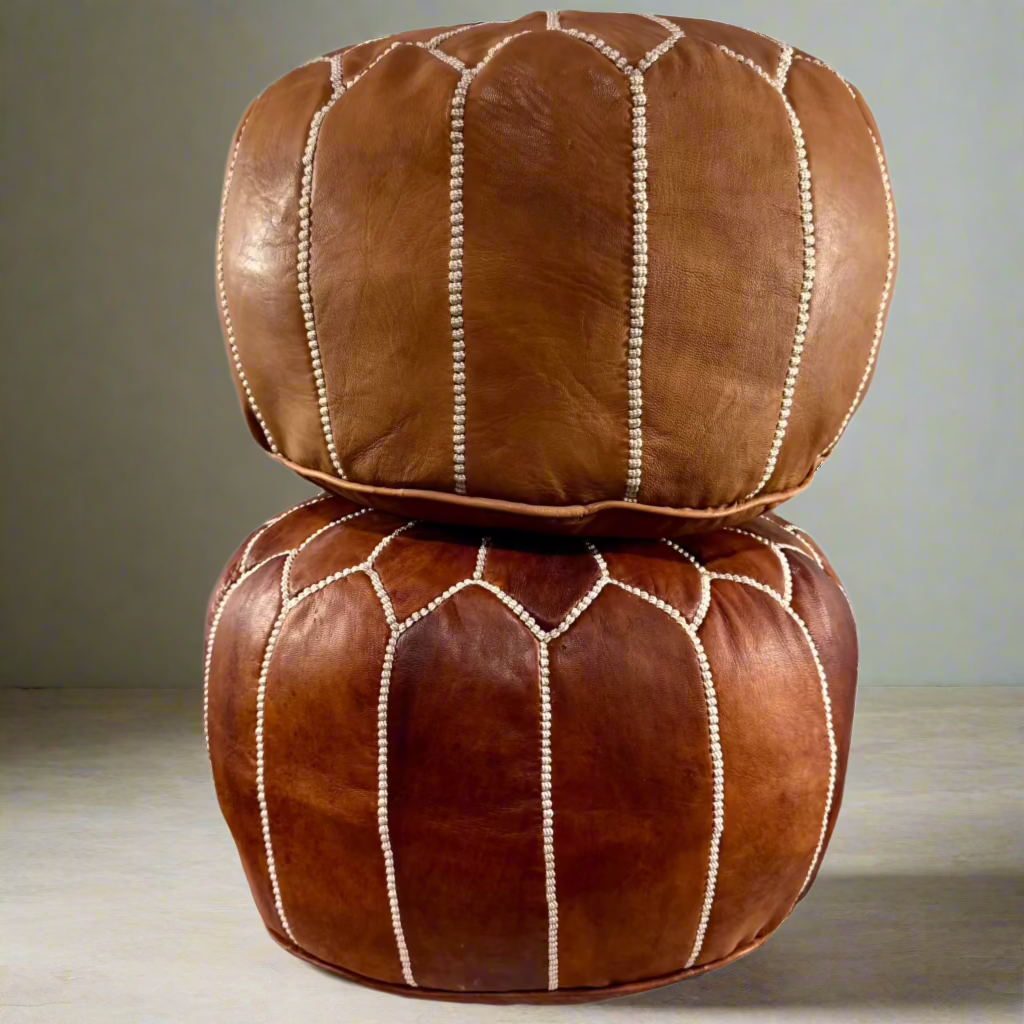 Genuine Moroccan Leather Pouf - Chestnut