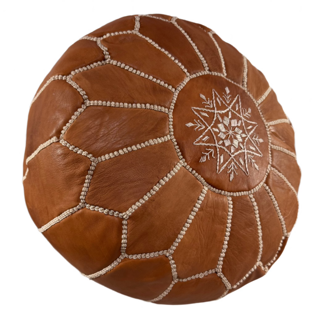 Genuine Moroccan Leather Pouf - Cognac