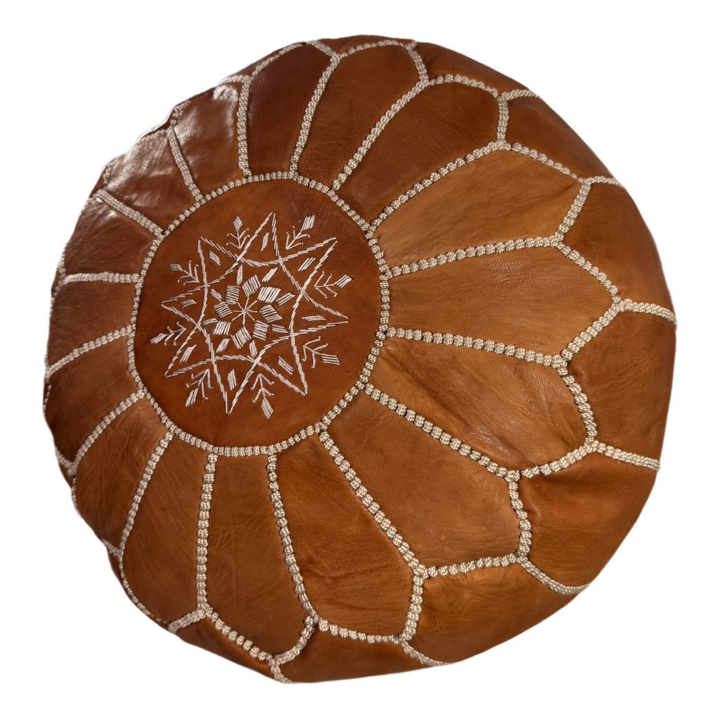 Genuine Moroccan Leather Pouf - Cognac