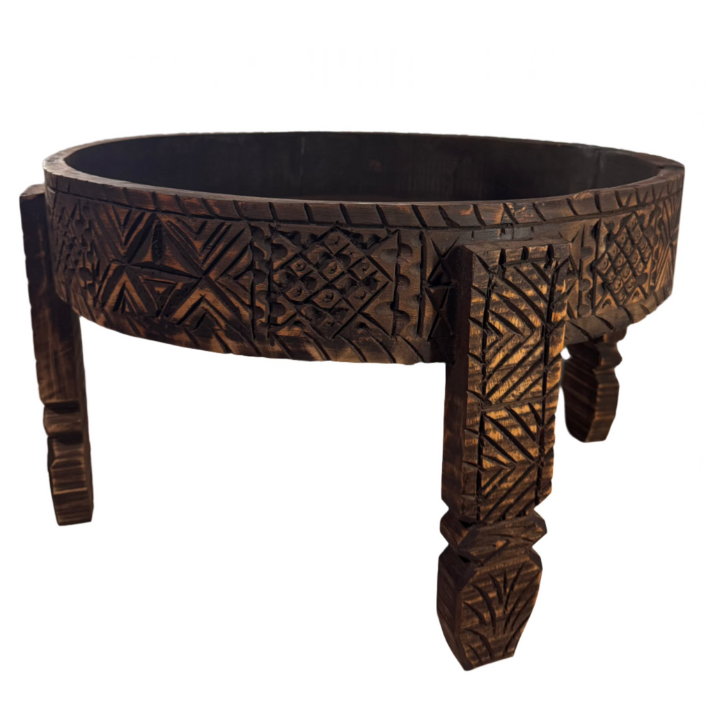 Hand-Carved Moroccan Chakki Table - Cedar Wood Accent Coffee Table (No. 8)