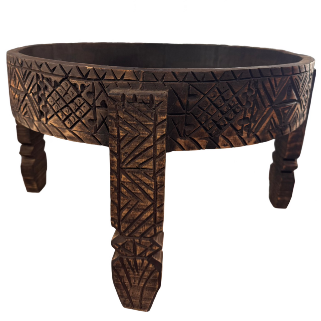Hand-Carved Moroccan Chakki Table - Cedar Wood Accent Coffee Table (No. 8)