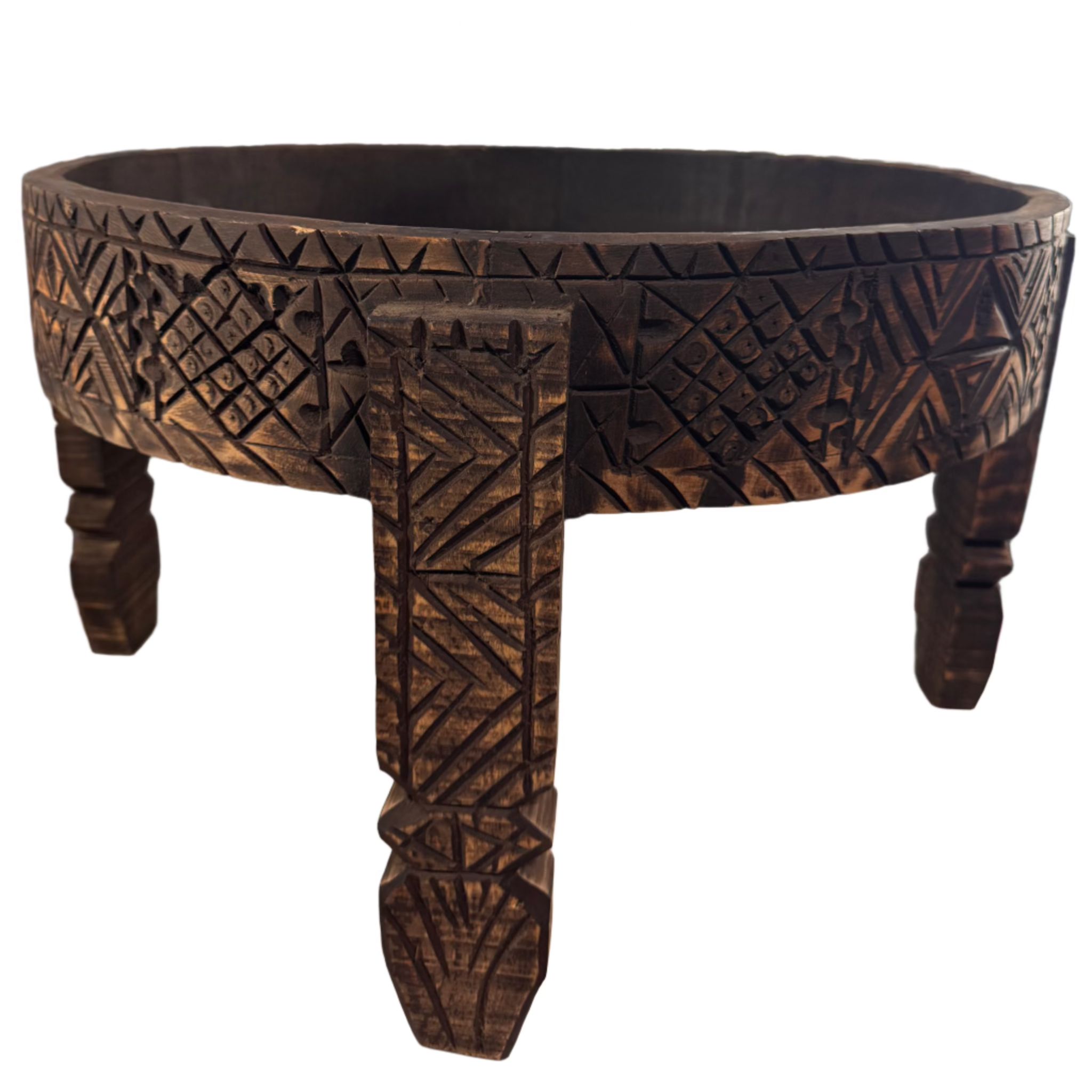 Hand-Carved Moroccan Chakki Table - Cedar Wood Accent Coffee Table (No. 8)