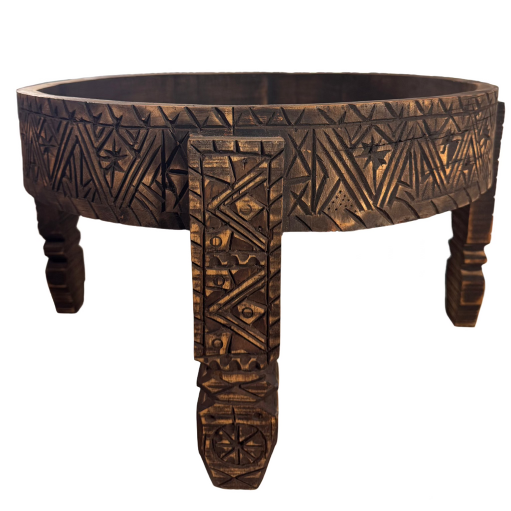 Hand-Carved Moroccan Chakki Table - Cedar Wood Accent Coffee Table (No. 9)