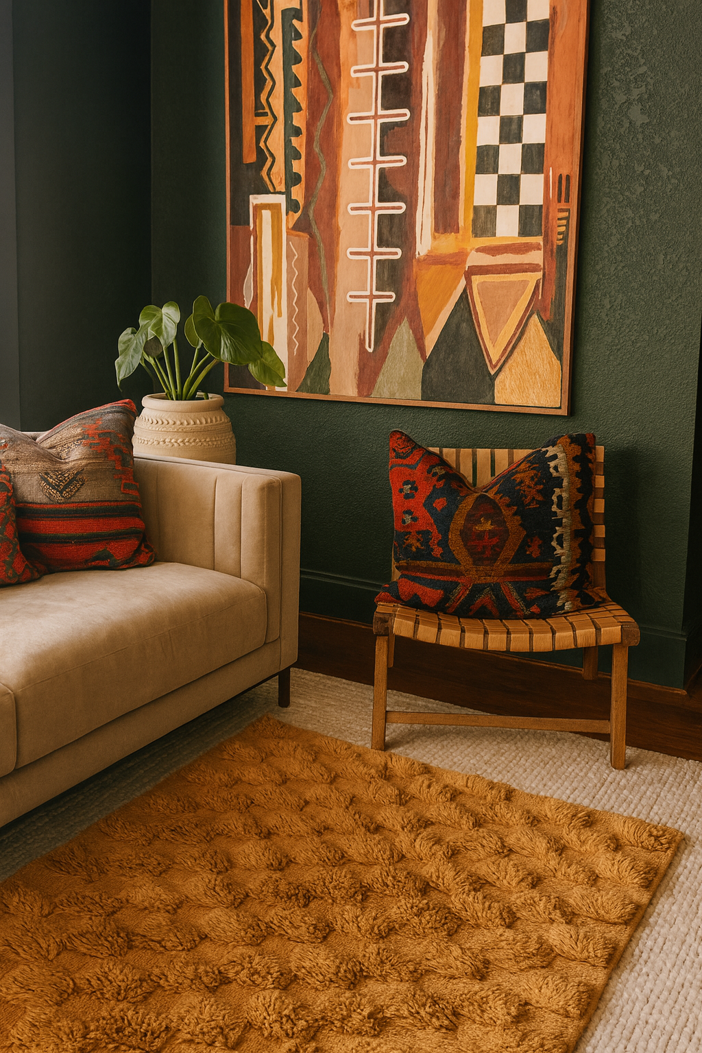 tan moroccan rug shown in moody living room with other moroccan decor