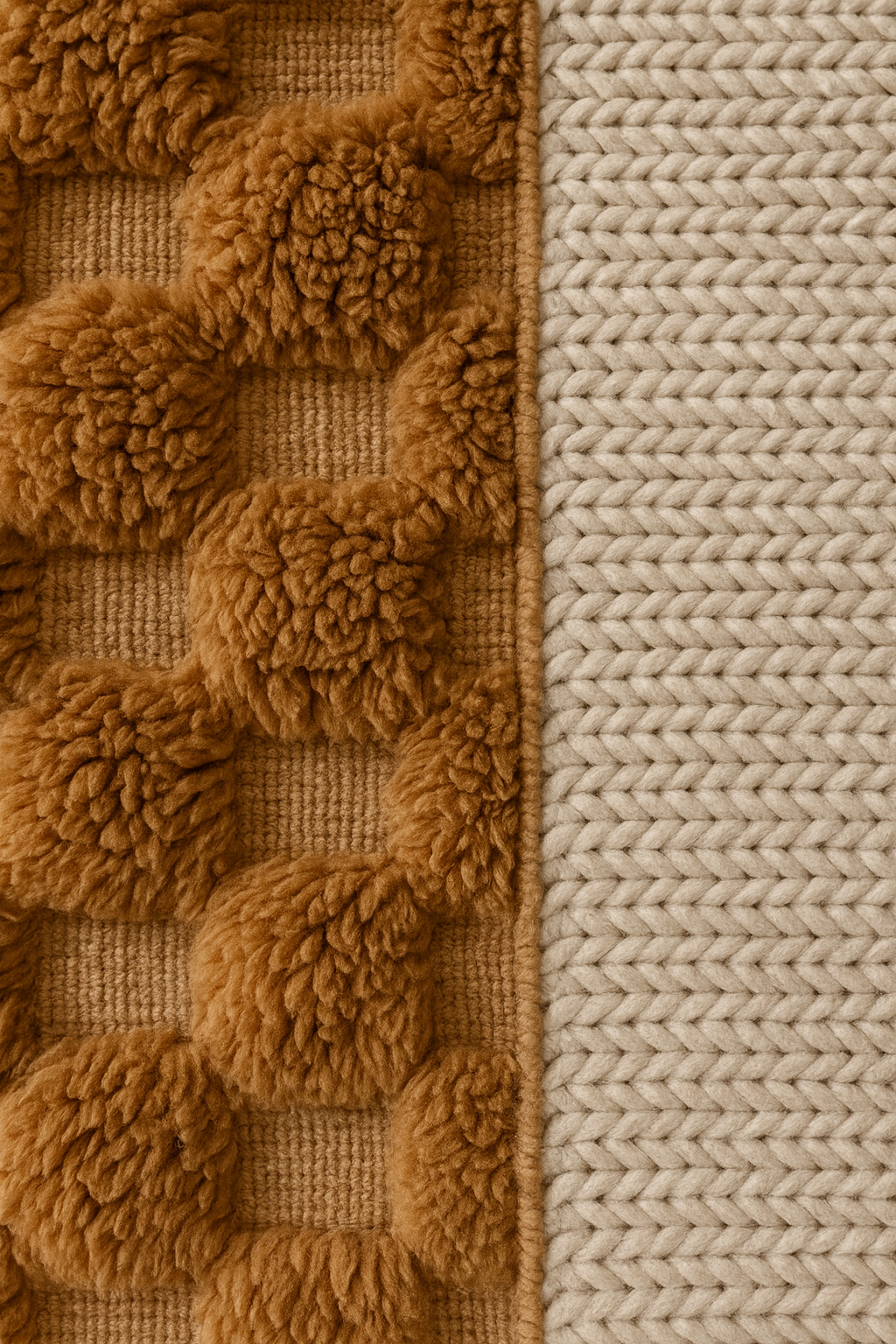 Close-up of a textured brown and beige rug with pom-pom pattern.