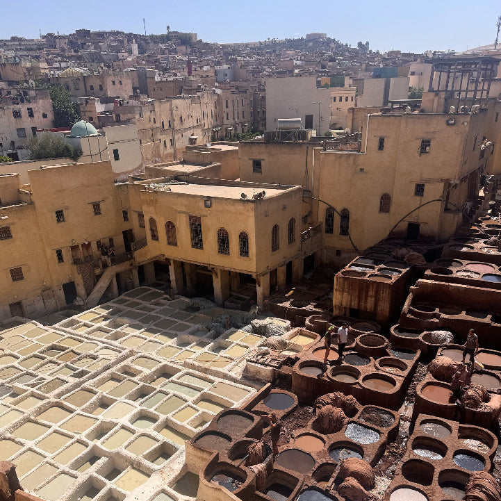Traditional tannery with vats and a cityscape in the background