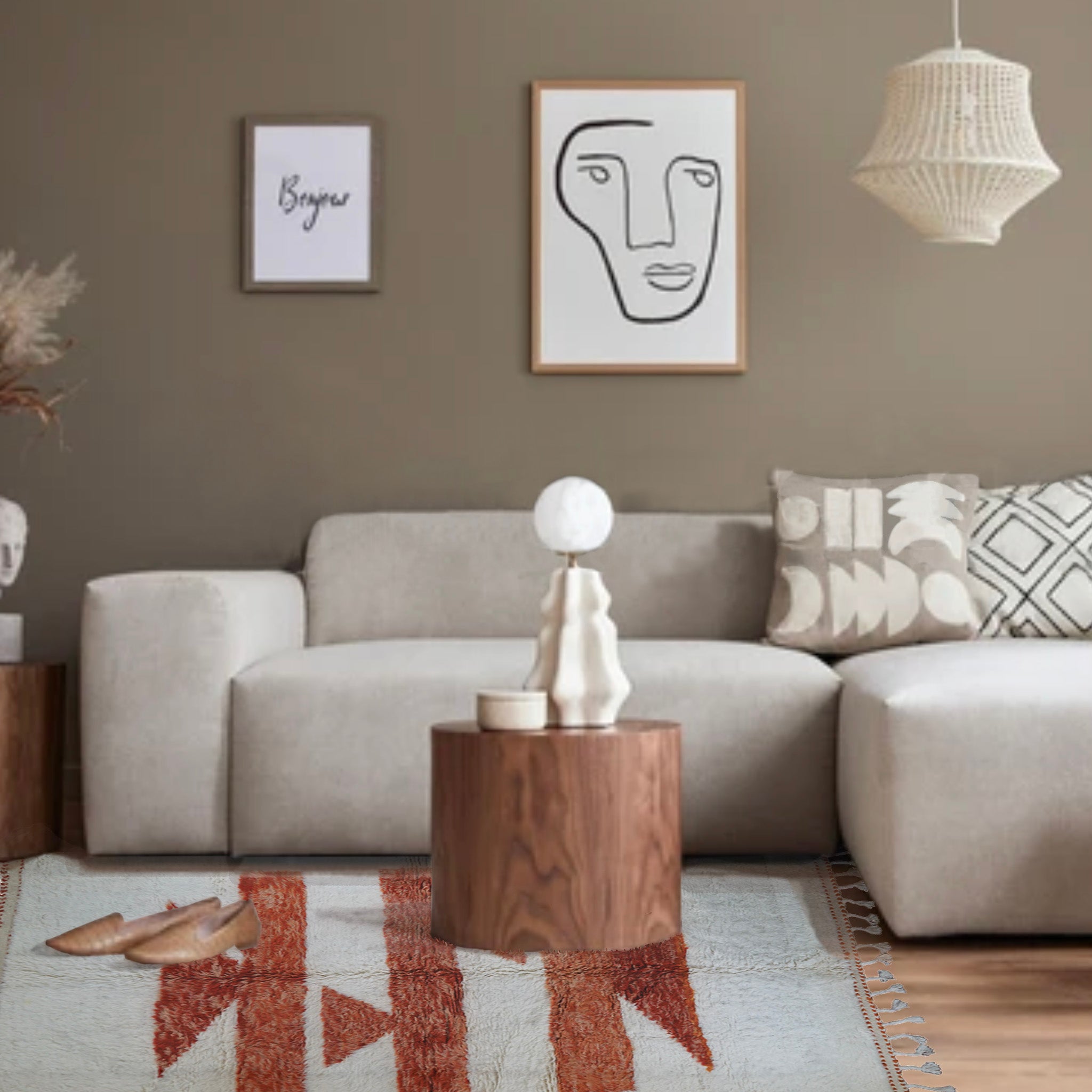 Nehal 5 x 8 Handwoven Beni Ourain Rug in Cream and Dark Orange. Rug shown in modern living room